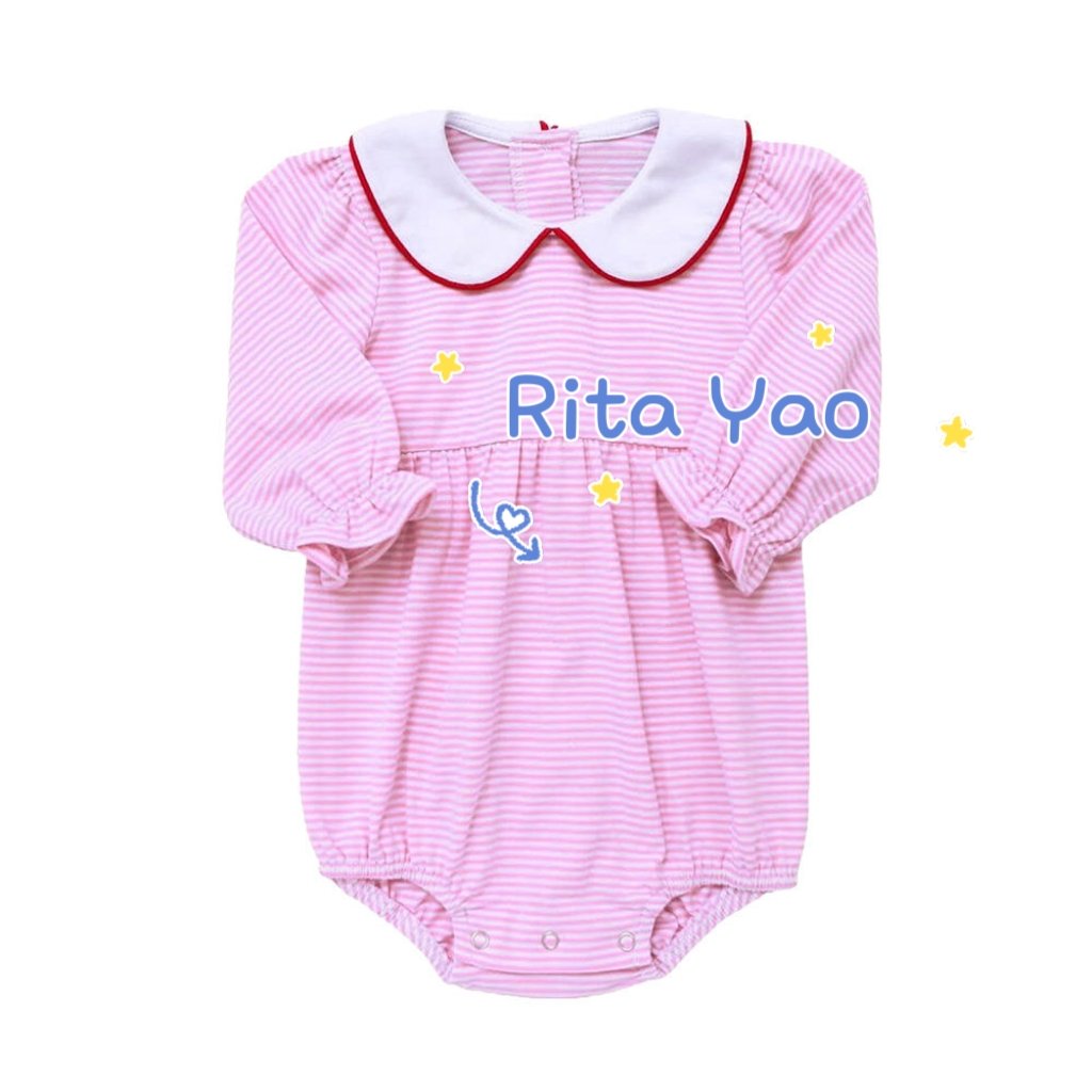 Custom embroidery fall winter baby clothes long sleeve collared siblings bubble romper blue pink striped toddler boy girl outfit