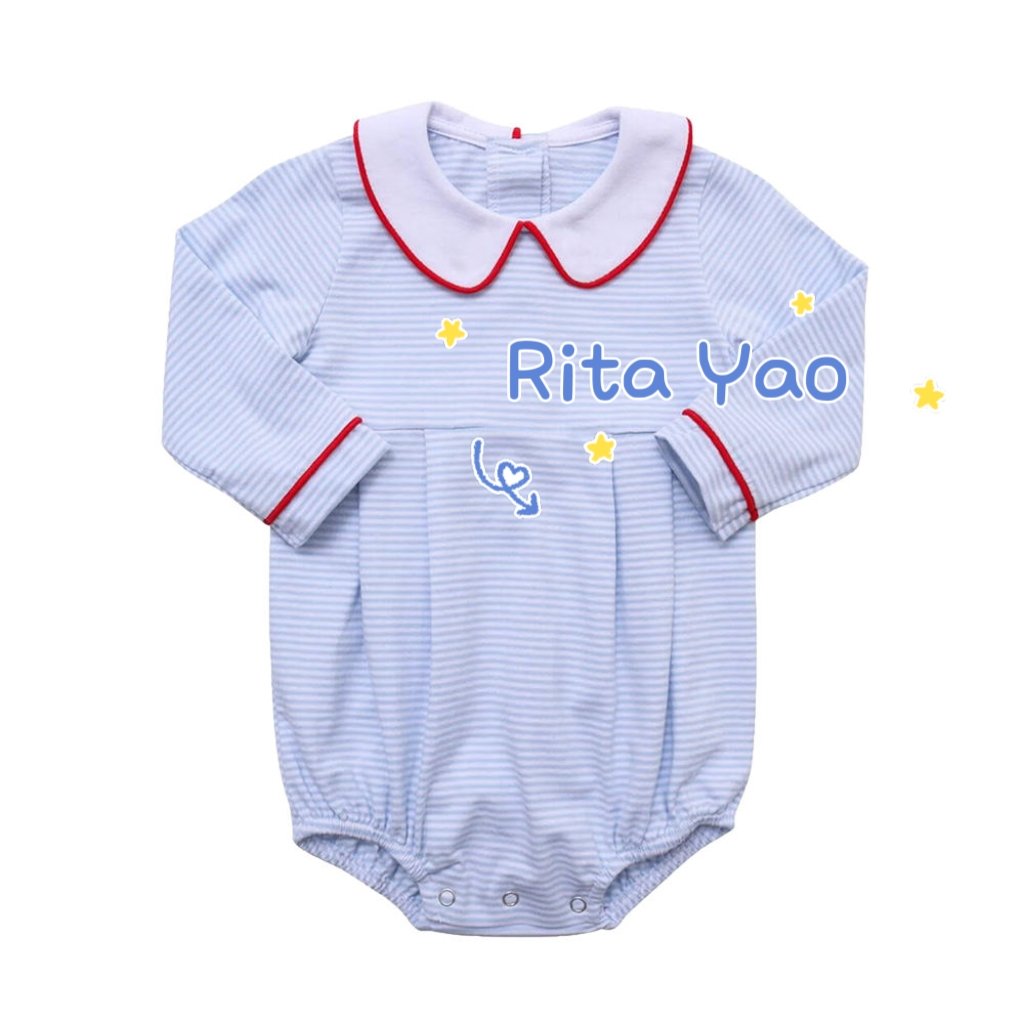 Custom embroidery fall winter baby clothes long sleeve collared siblings bubble romper blue pink striped toddler boy girl outfit