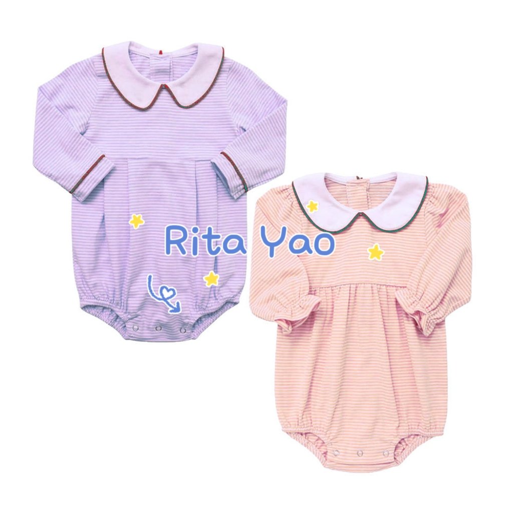 Custom embroidery fall winter baby clothes long sleeve collared siblings bubble romper blue pink striped toddler boy girl outfit
