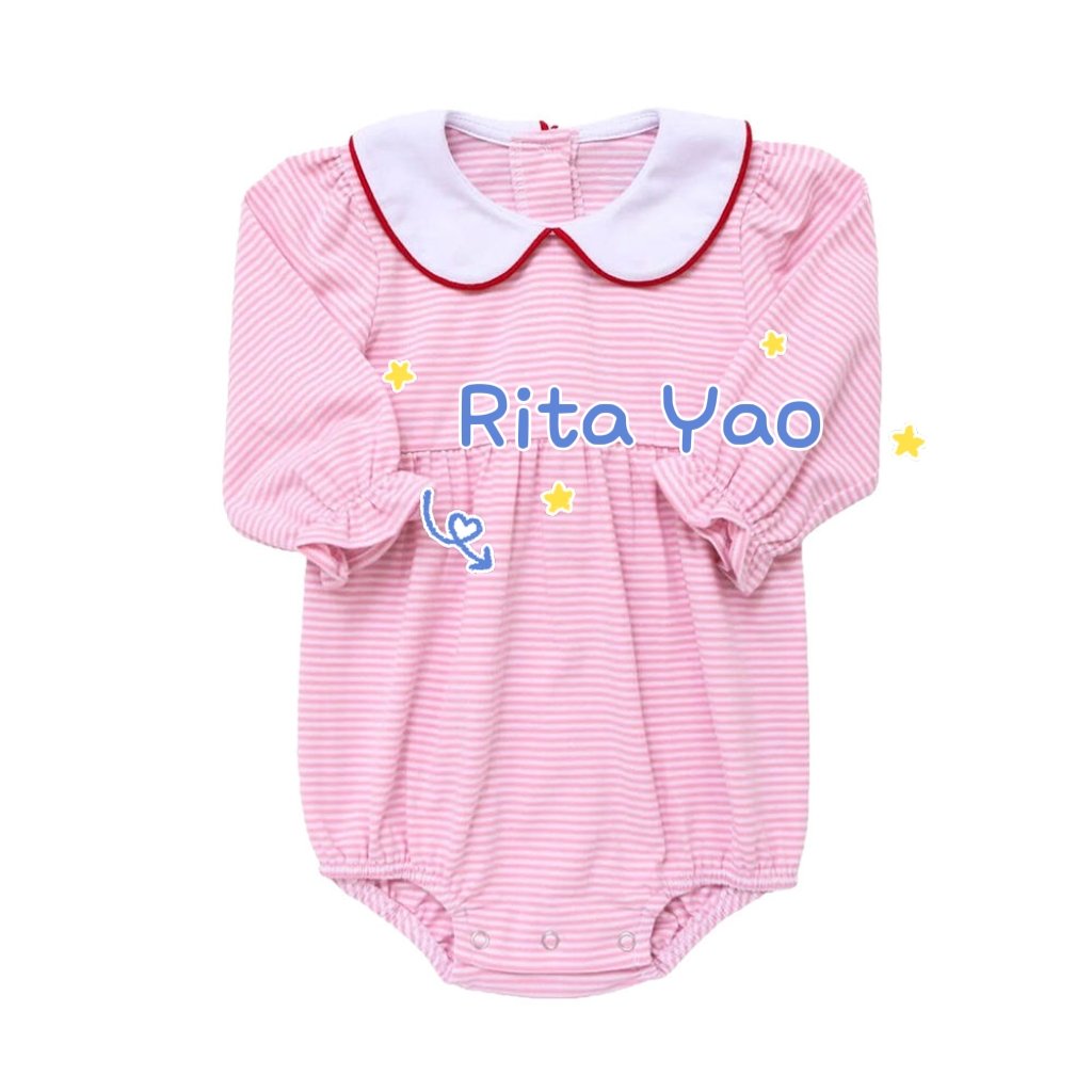 Custom embroidery fall winter baby clothes long sleeve collared siblings bubble romper blue pink striped toddler boy girl outfit