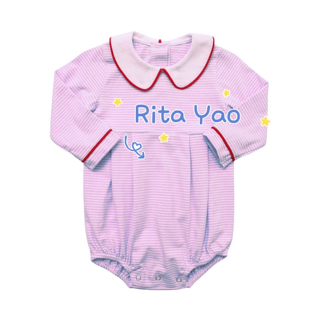 Custom embroidery fall winter baby clothes long sleeve collared siblings bubble romper blue pink striped toddler boy girl outfit
