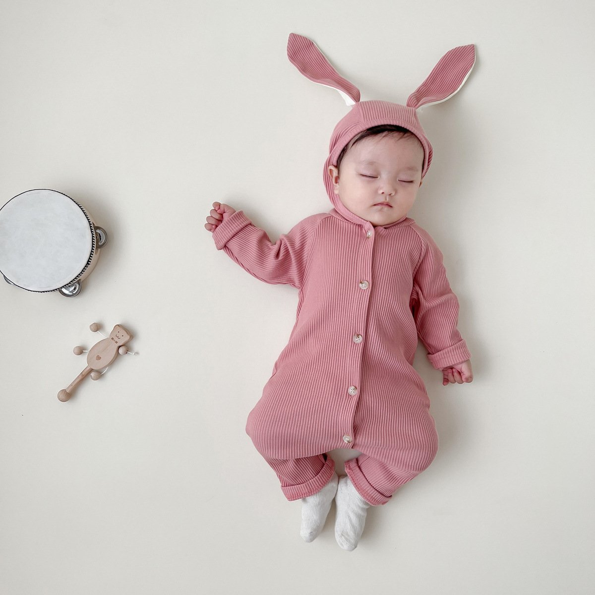INS Baby Long Sleeve Threaded Pit Strip Jumpsuit Newborn Open-Button Rabbit Hoodie Baby Bunny Romper Bodysuit