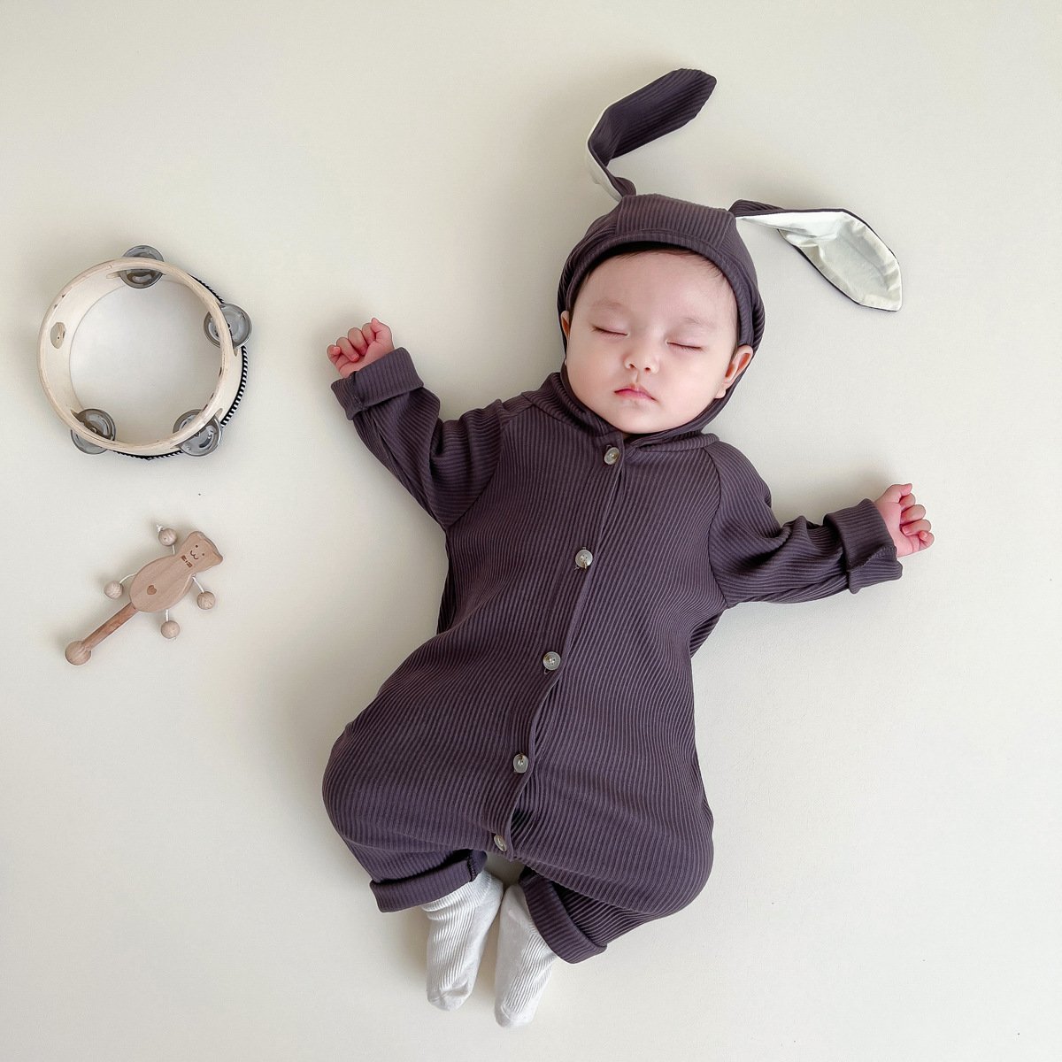 INS Baby Long Sleeve Threaded Pit Strip Jumpsuit Newborn Open-Button Rabbit Hoodie Baby Bunny Romper Bodysuit