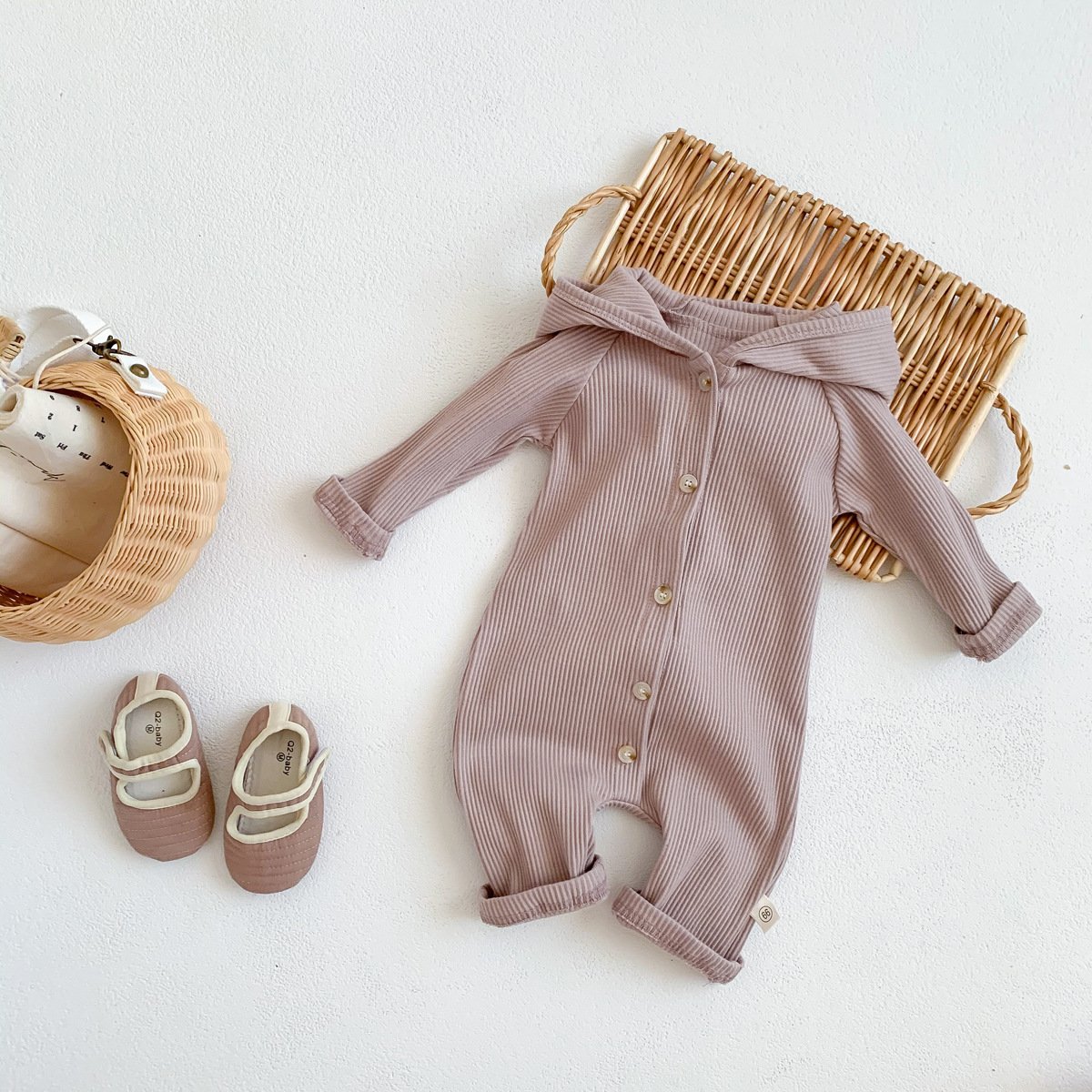 INS Baby Long Sleeve Threaded Pit Strip Jumpsuit Newborn Open-Button Rabbit Hoodie Baby Bunny Romper Bodysuit