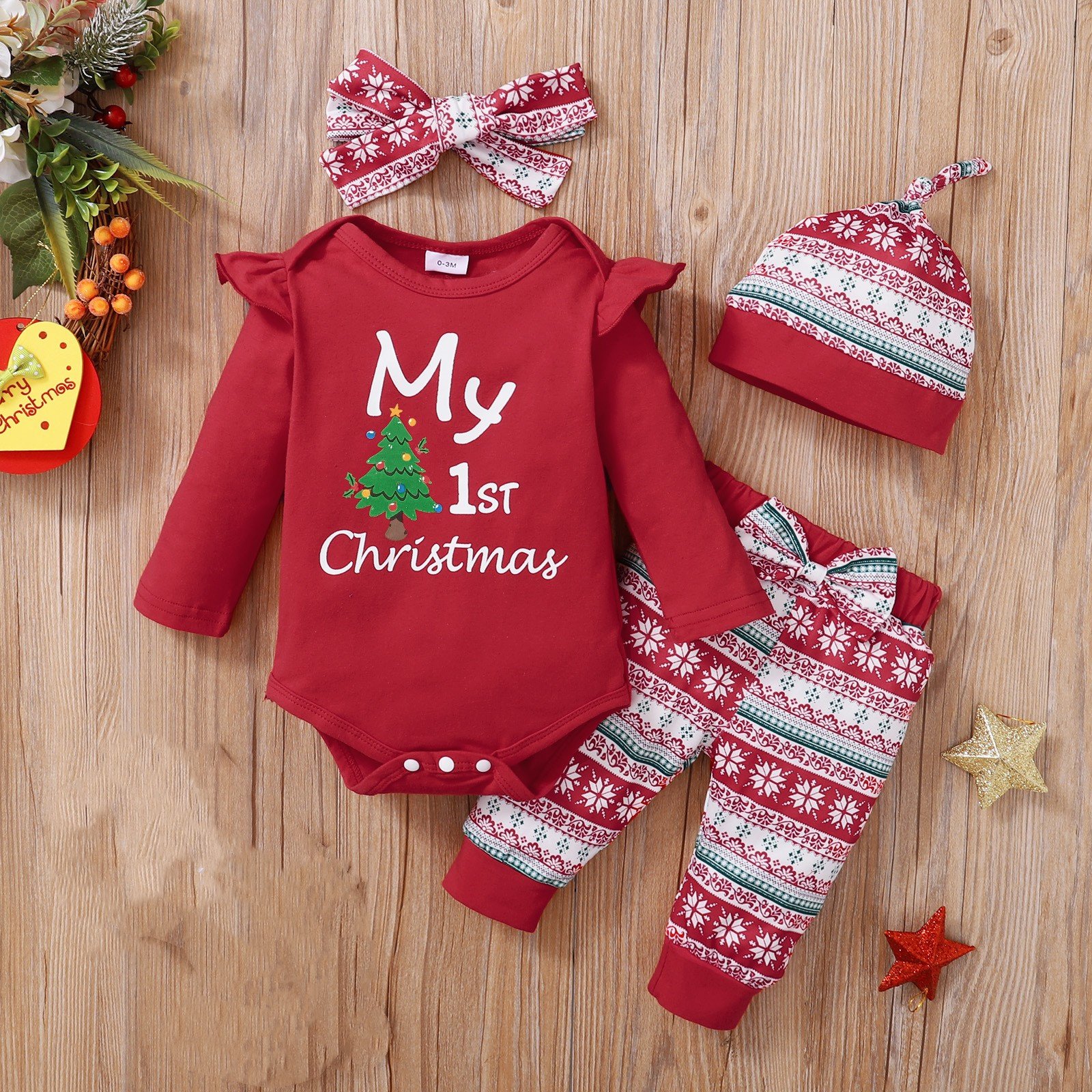 Newborn Bodysuit Clothes Set Baby Romper Jumpsuit Tops Pants Hat Outfits Baby Girls First Christmas Clothing