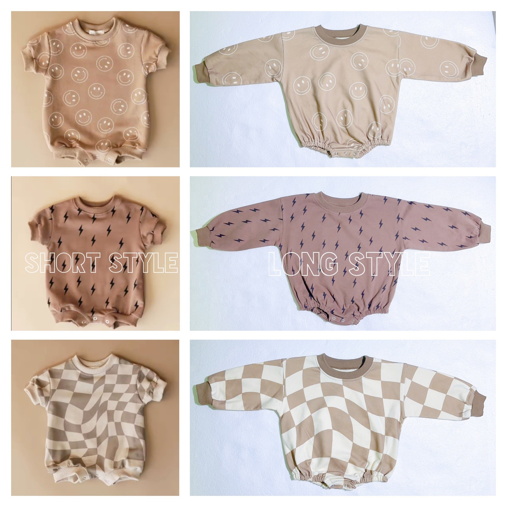 Custom Checkered/Smile/Lightning Terry Sweater Baby Unisex Snap Button Bubble Baby Bodysuit Romper Long Sleeve Baby Rompers