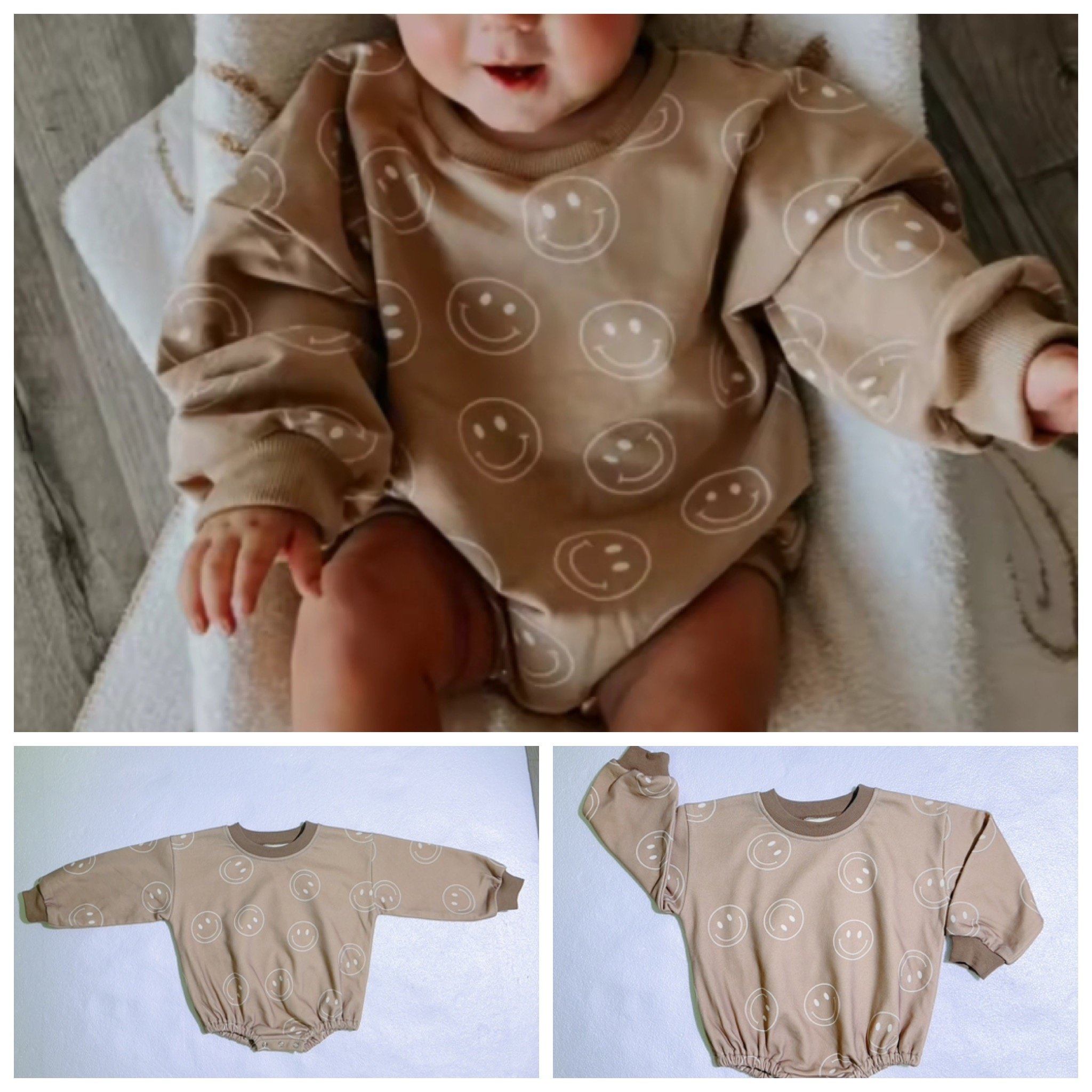 Custom Checkered/Smile/Lightning Terry Sweater Baby Unisex Snap Button Bubble Baby Bodysuit Romper Long Sleeve Baby Rompers