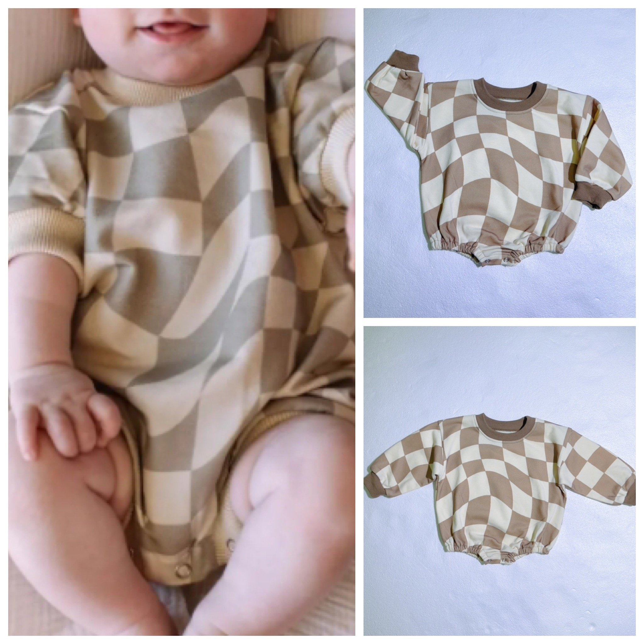 Custom Checkered/Smile/Lightning Terry Sweater Baby Unisex Snap Button Bubble Baby Bodysuit Romper Long Sleeve Baby Rompers