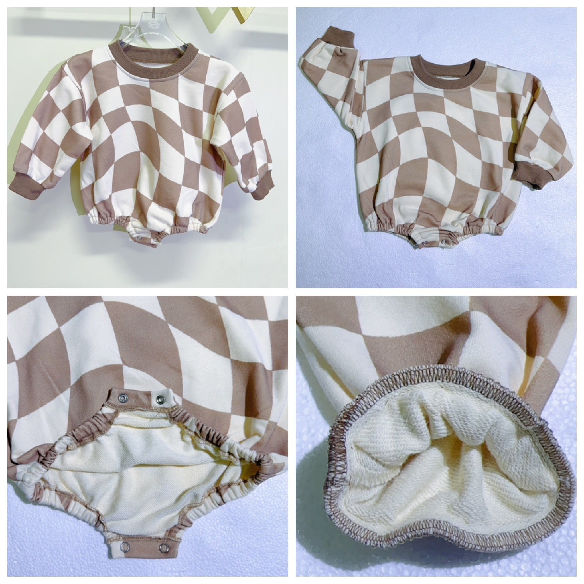 Custom Checkered/Smile/Lightning Terry Sweater Baby Unisex Snap Button Bubble Baby Bodysuit Romper Long Sleeve Baby Rompers