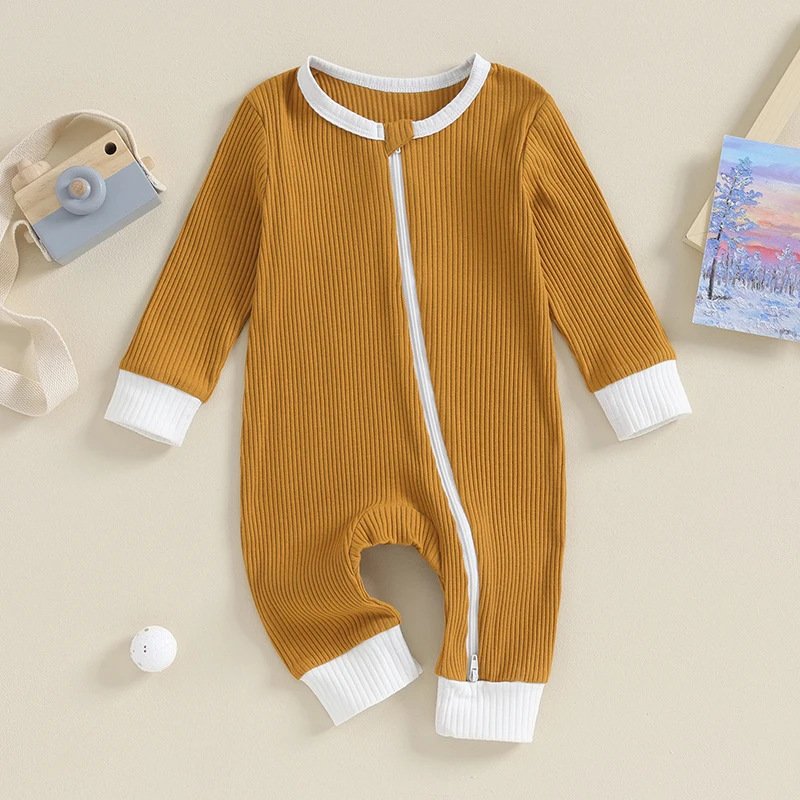 Long Sleeve Ribbed Cotton Baby Onesie Clothes Newborn Pajamas Wholesale Baby Rompers With Zipper
