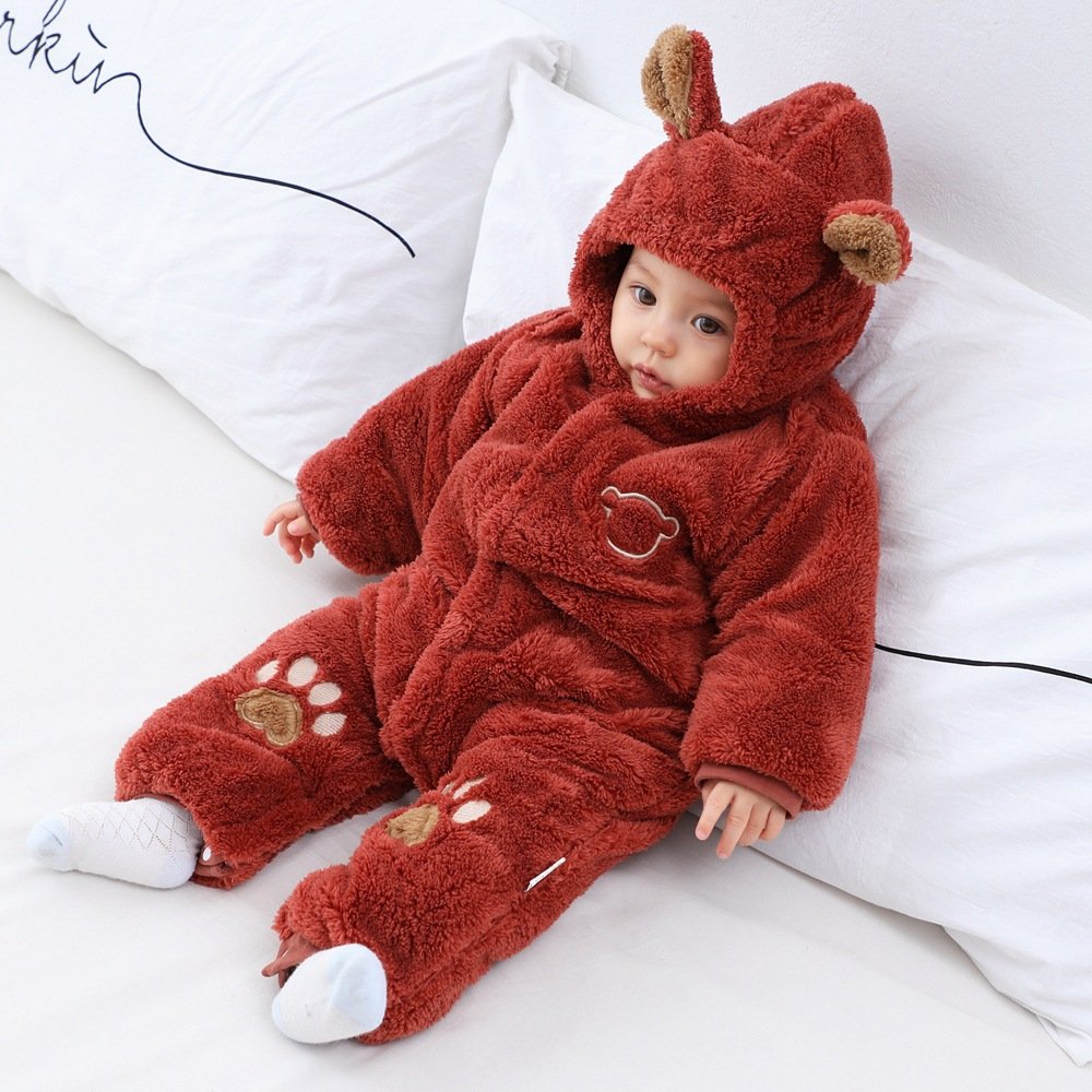 Autumn Winter Baby crawler Clothes Thickened Heattech Cotton Romper Fleece-Lined Khaki Pajama with Button Closure for Newborns