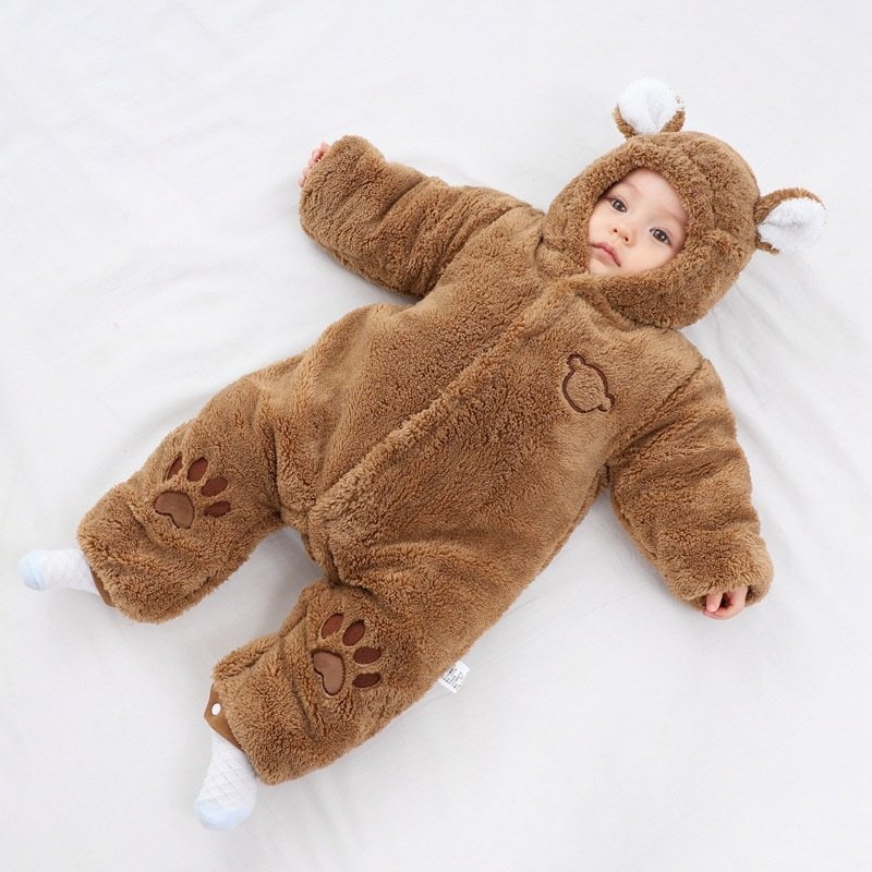 Autumn Winter Baby crawler Clothes Thickened Heattech Cotton Romper Fleece-Lined Khaki Pajama with Button Closure for Newborns