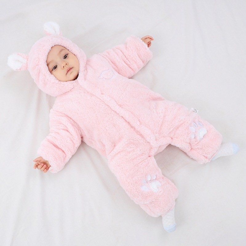 Autumn Winter Baby crawler Clothes Thickened Heattech Cotton Romper Fleece-Lined Khaki Pajama with Button Closure for Newborns