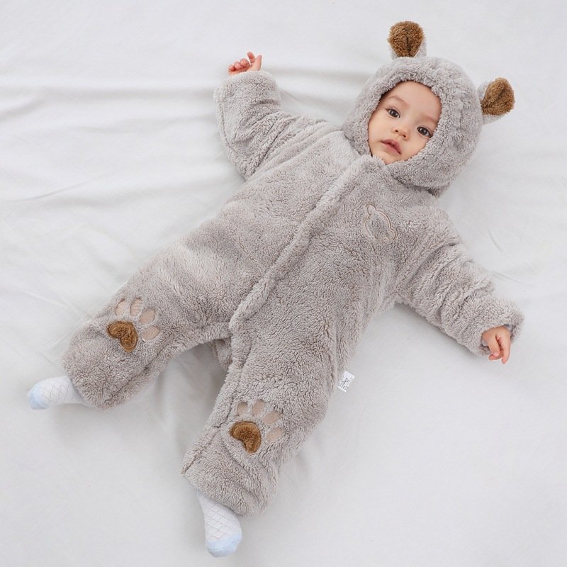 Autumn Winter Baby crawler Clothes Thickened Heattech Cotton Romper Fleece-Lined Khaki Pajama with Button Closure for Newborns