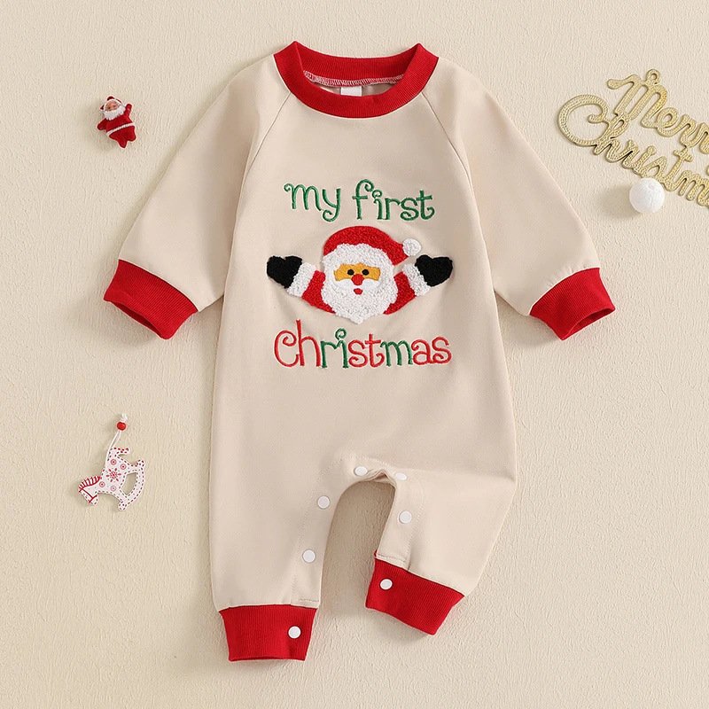 Christmas Baby Long Sleeve Romper 2024 New Alphabet Embroidered Baby Cotton Romper Long Sleeve Baby Rompers