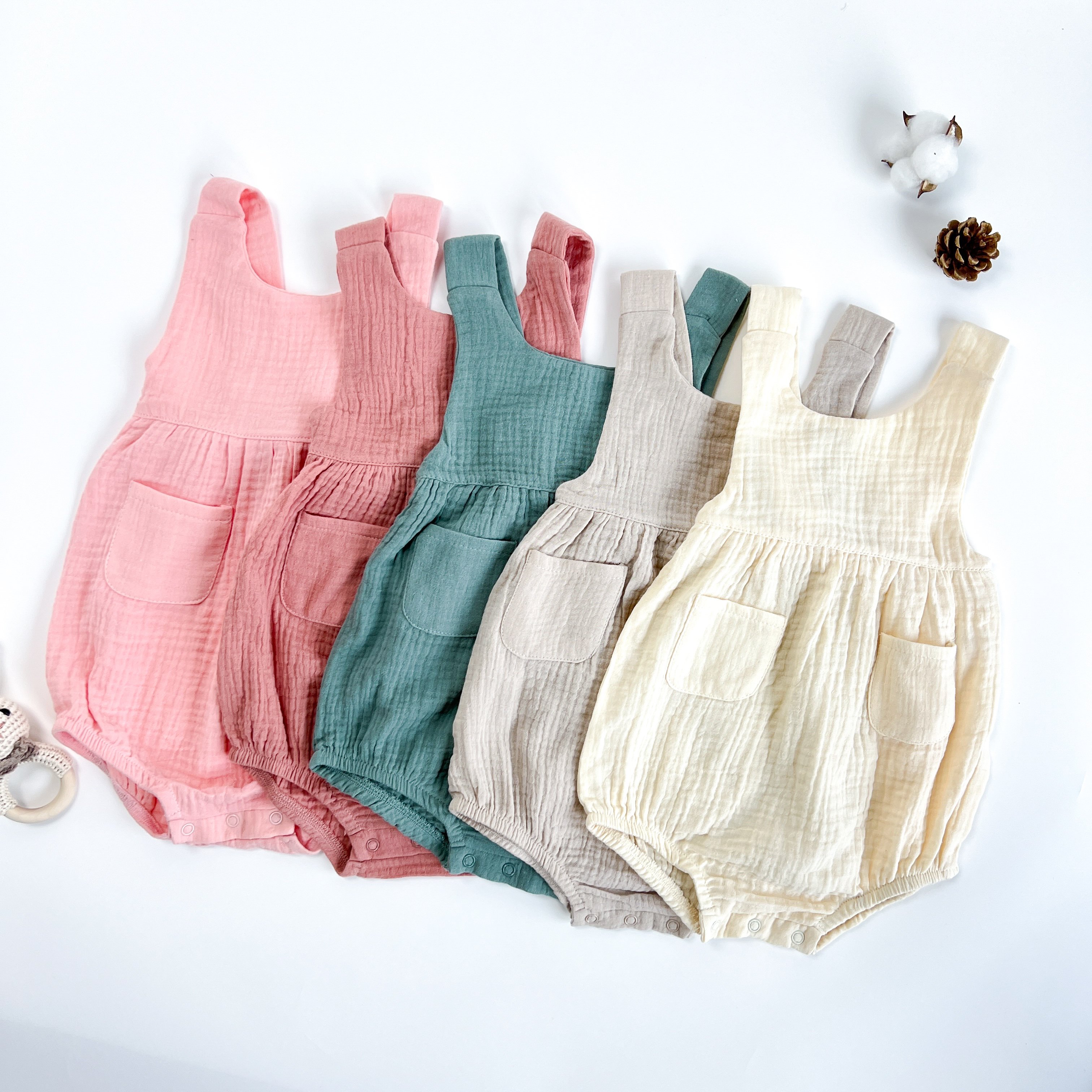 Summer Organic Cotton Muslin Baby Clothes Infant Sleeveless Pocket Romper Baby Solid Bodysuit