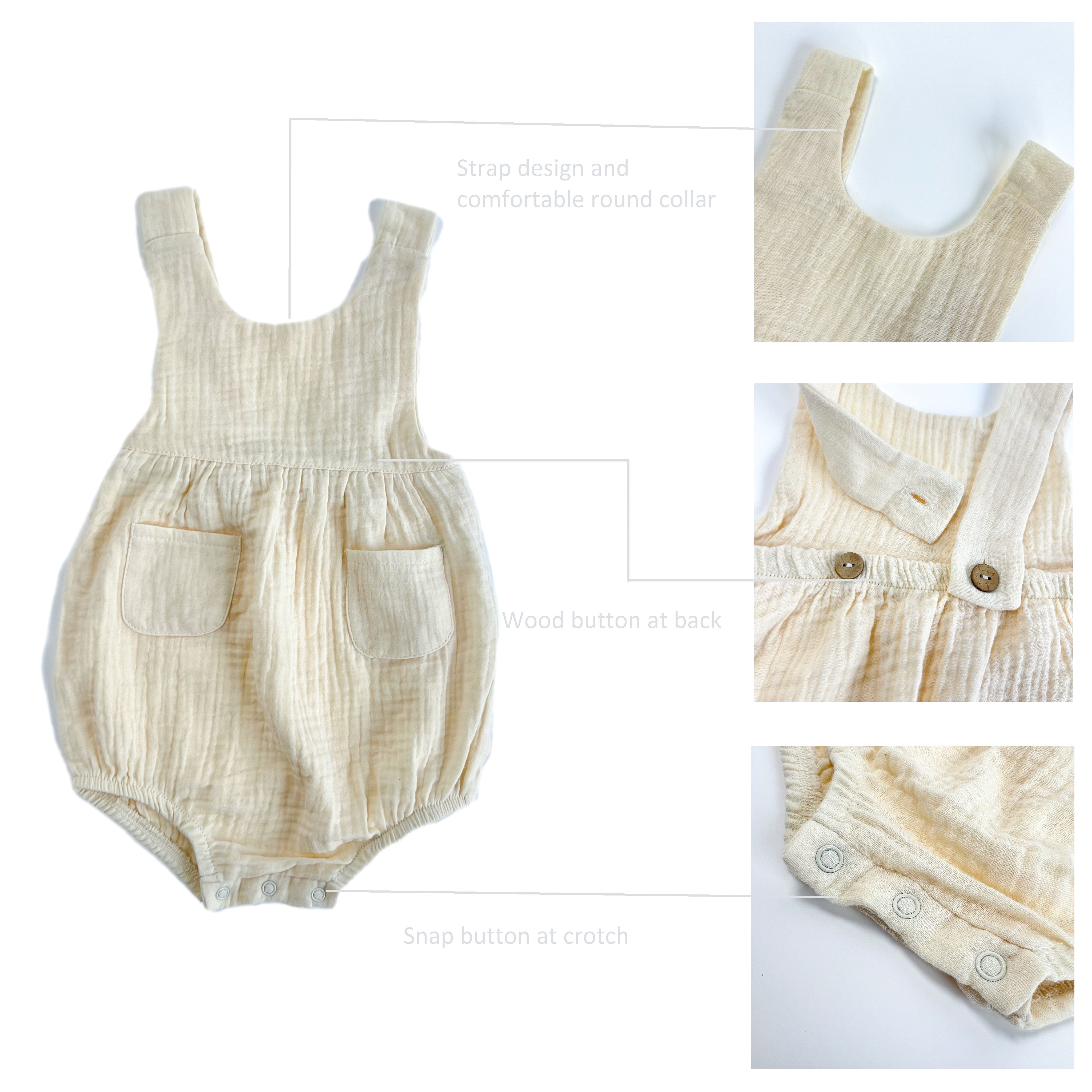 Summer Organic Cotton Muslin Baby Clothes Infant Sleeveless Pocket Romper Baby Solid Bodysuit