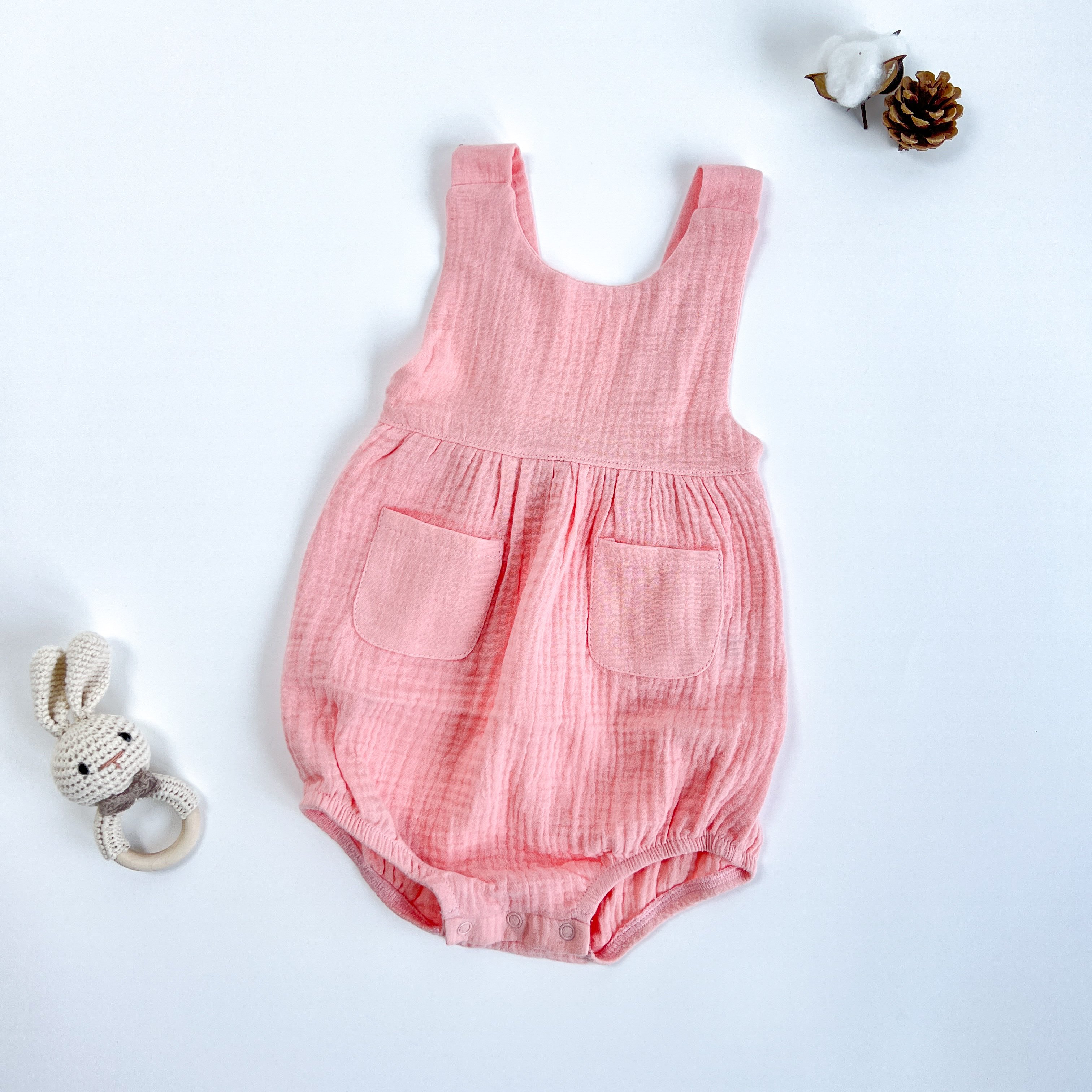 Summer Organic Cotton Muslin Baby Clothes Infant Sleeveless Pocket Romper Baby Solid Bodysuit