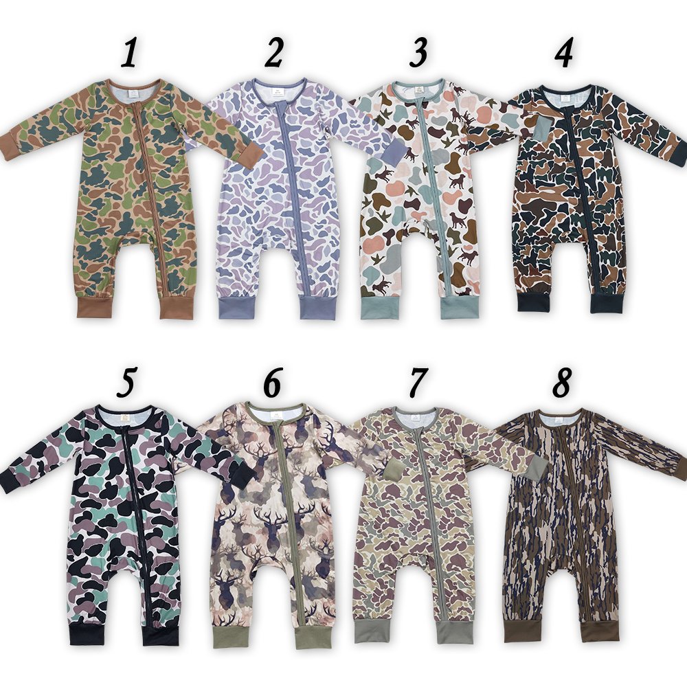 RTS Infant Boutique Wholesale Clothing Baby Boys Camo Boutique Kids Long Sleeve Zip Rompers Holiday Winter Bamboo Sleepers