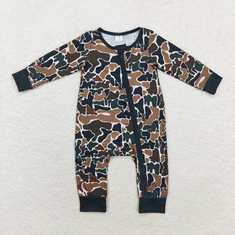 RTS Infant Boutique Wholesale Clothing Baby Boys Camo Boutique Kids Long Sleeve Zip Rompers Holiday Winter Bamboo Sleepers
