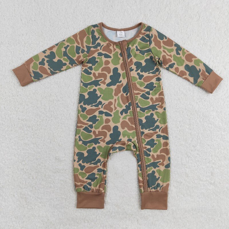 RTS Infant Boutique Wholesale Clothing Baby Boys Camo Boutique Kids Long Sleeve Zip Rompers Holiday Winter Bamboo Sleepers