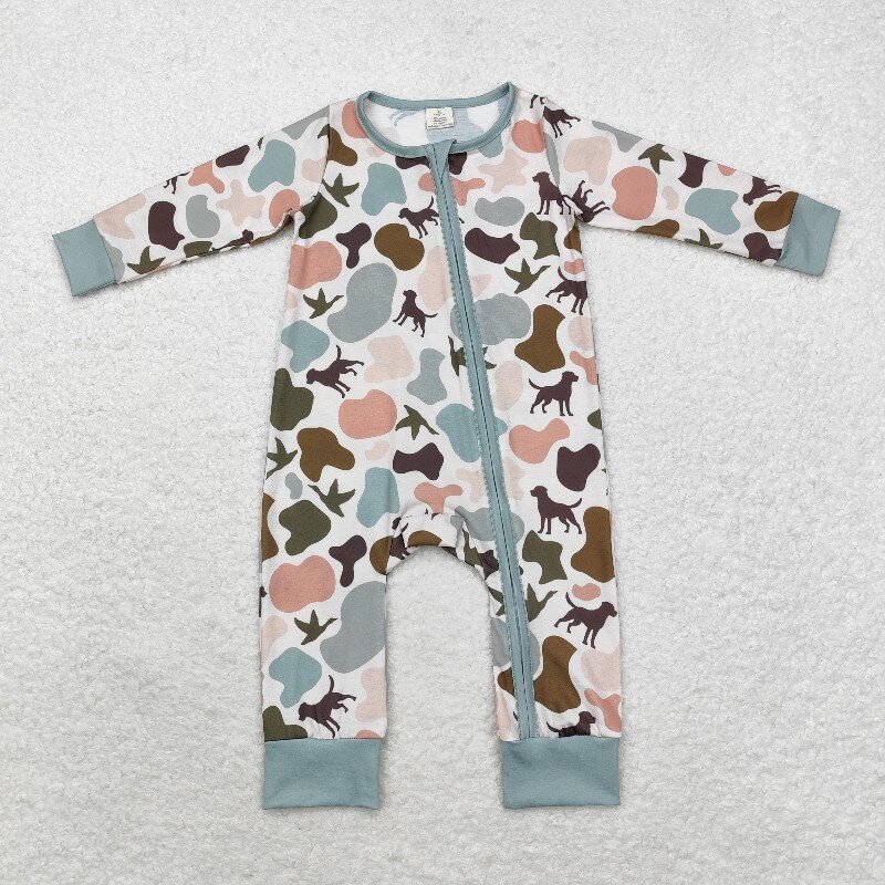 RTS Infant Boutique Wholesale Clothing Baby Boys Camo Boutique Kids Long Sleeve Zip Rompers Holiday Winter Bamboo Sleepers