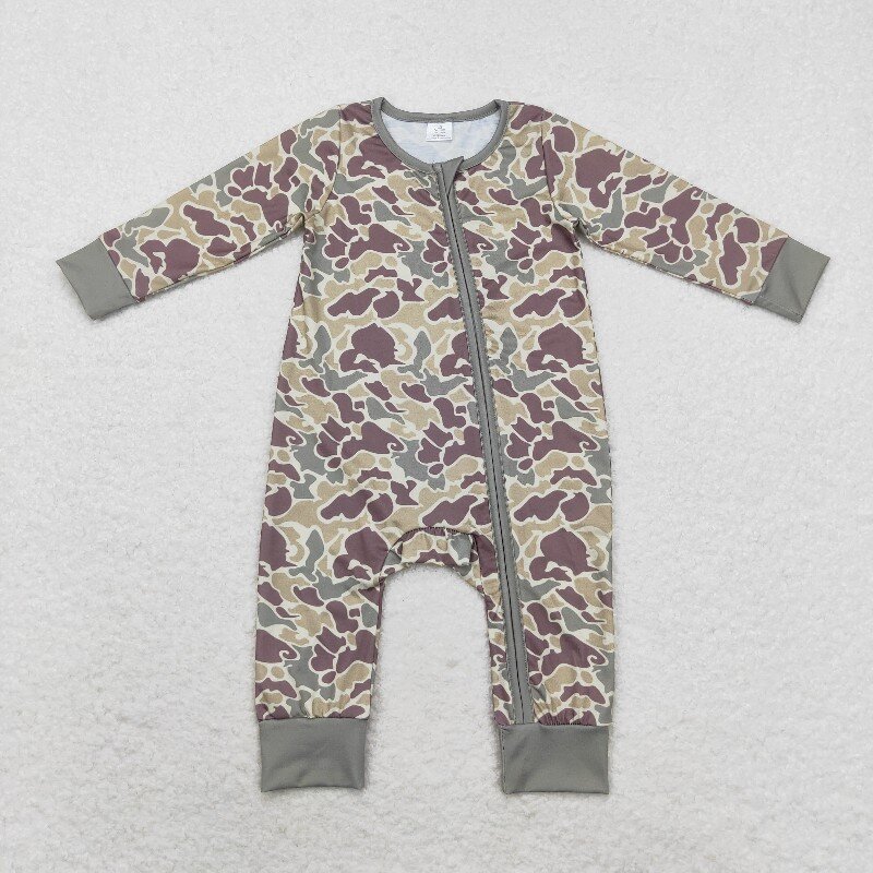 RTS Infant Boutique Wholesale Clothing Baby Boys Camo Boutique Kids Long Sleeve Zip Rompers Holiday Winter Bamboo Sleepers