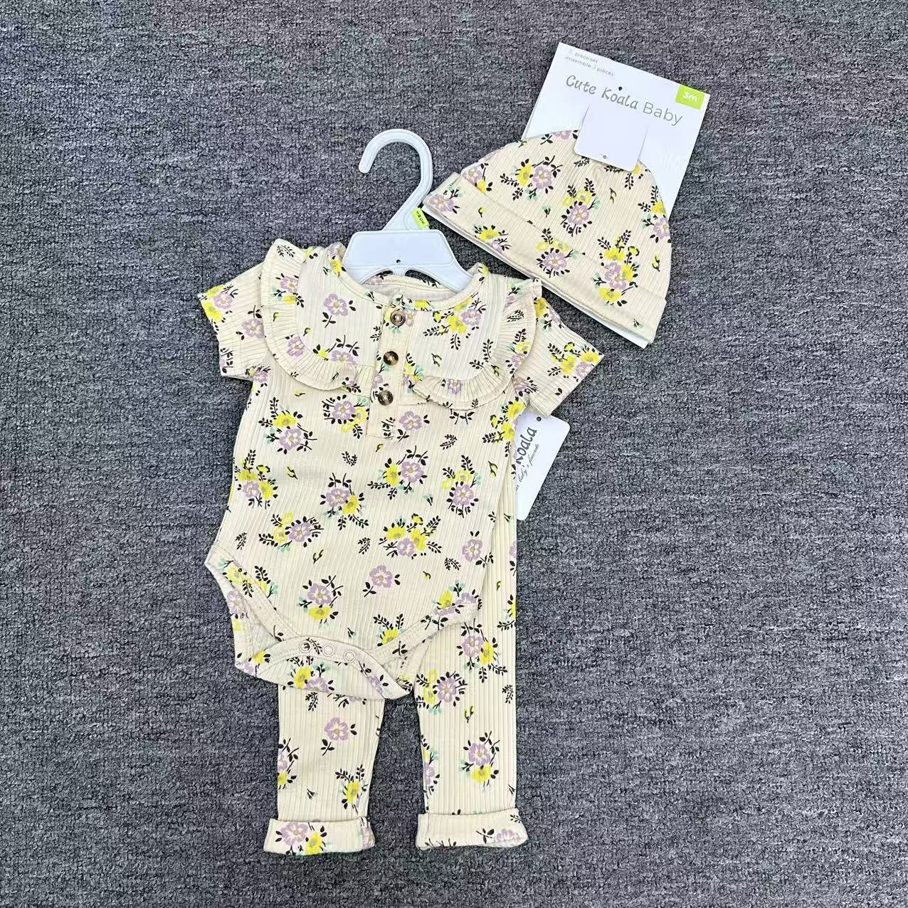 100% Cotton Newborn Baby Boys And Girls Romper 3pcs Sets Wholesale Children's Clothes Hat Pants Onesies Set Infant Bodysuit