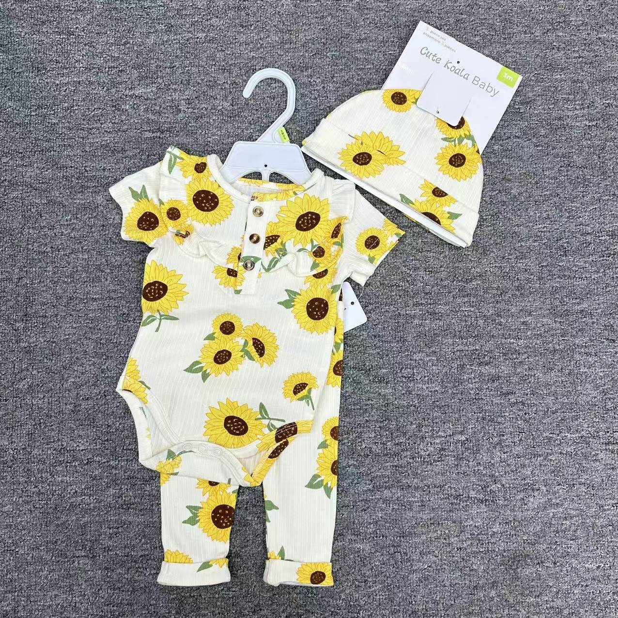 100% Cotton Newborn Baby Boys And Girls Romper 3pcs Sets Wholesale Children's Clothes Hat Pants Onesies Set Infant Bodysuit