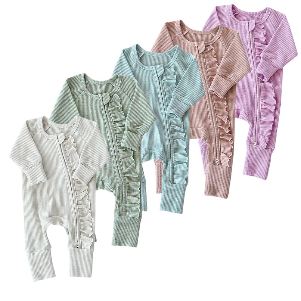 waffle baby rompers sibling dual zipper footie baby onesie long sleeve winter ruffle reversible baby rompers with headband