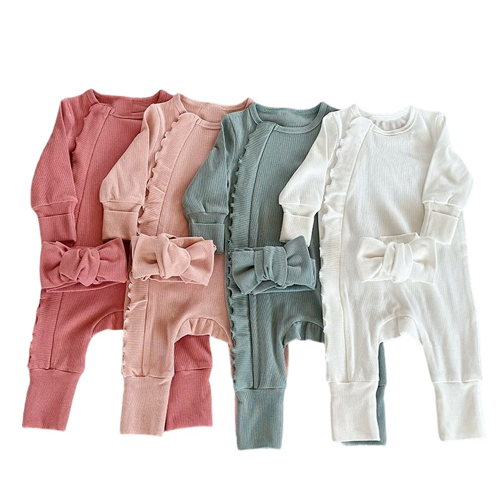 waffle baby rompers sibling dual zipper footie baby onesie long sleeve winter ruffle reversible baby rompers with headband
