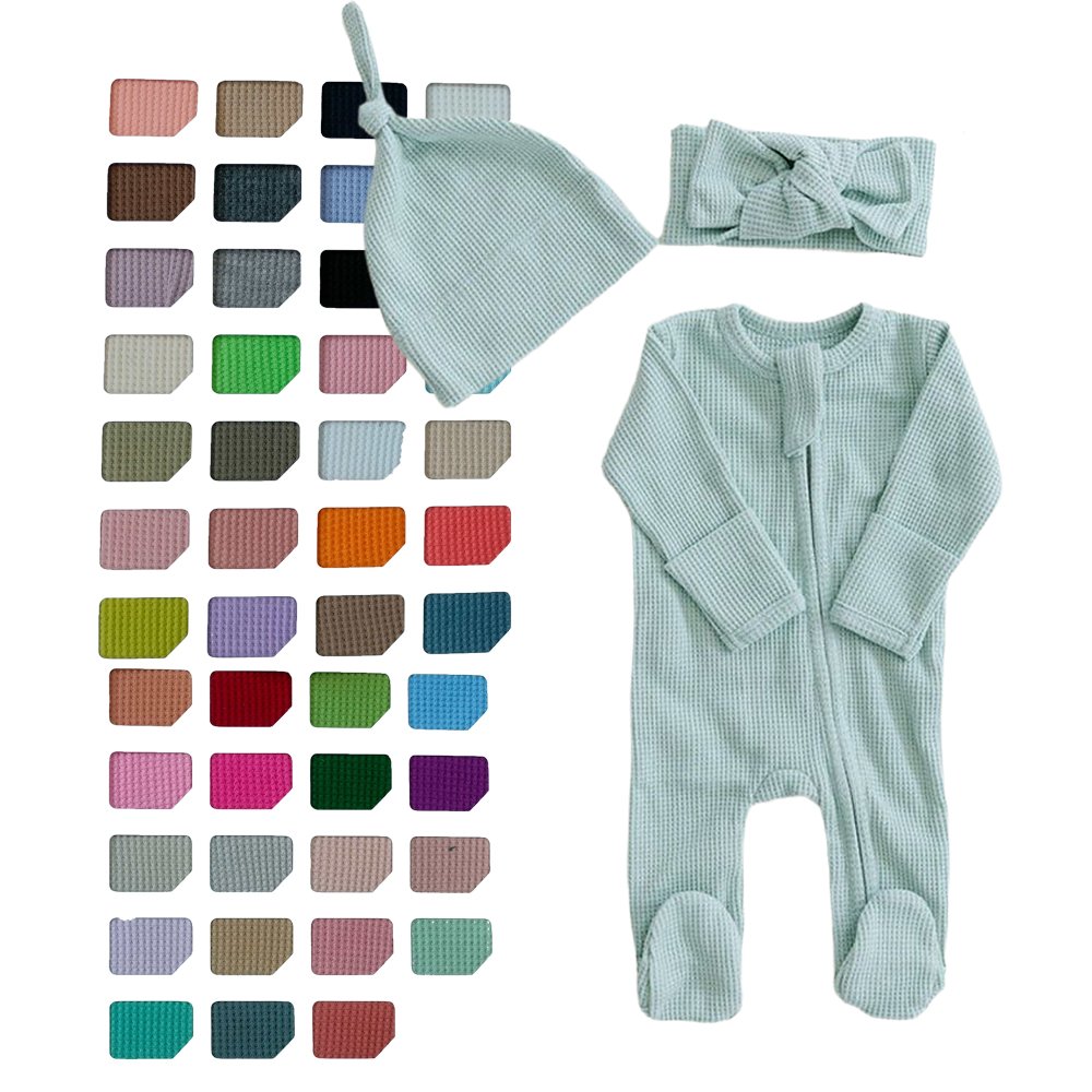 waffle baby rompers sibling dual zipper footie baby onesie long sleeve winter ruffle reversible baby rompers with headband