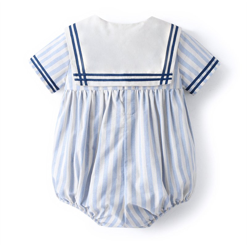 Custom OEM Spanish Striped Cotton Unisex Baby Romper Sailor Collar Short Sleeve Onesie Toddler Jumpsuit Boy Girl Clothes