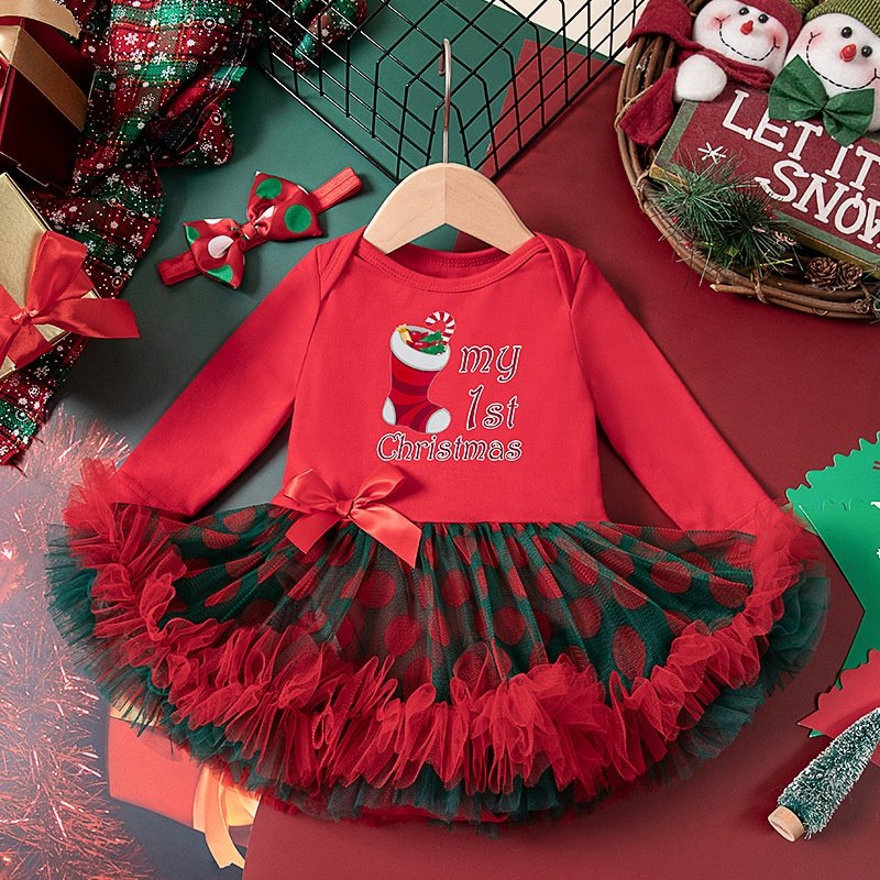 My First Christmas romper 2024 fashion baby girls long sleeve tulle dress baby new year clothes