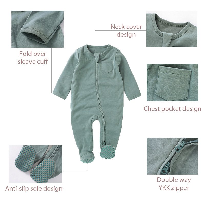 Two-Way Zipper Long Sleeve Baby Onesie Anti Slip 100% Organic Cotton Baby Toddler Footed Pajamas Baby Infant Solid Color Romper