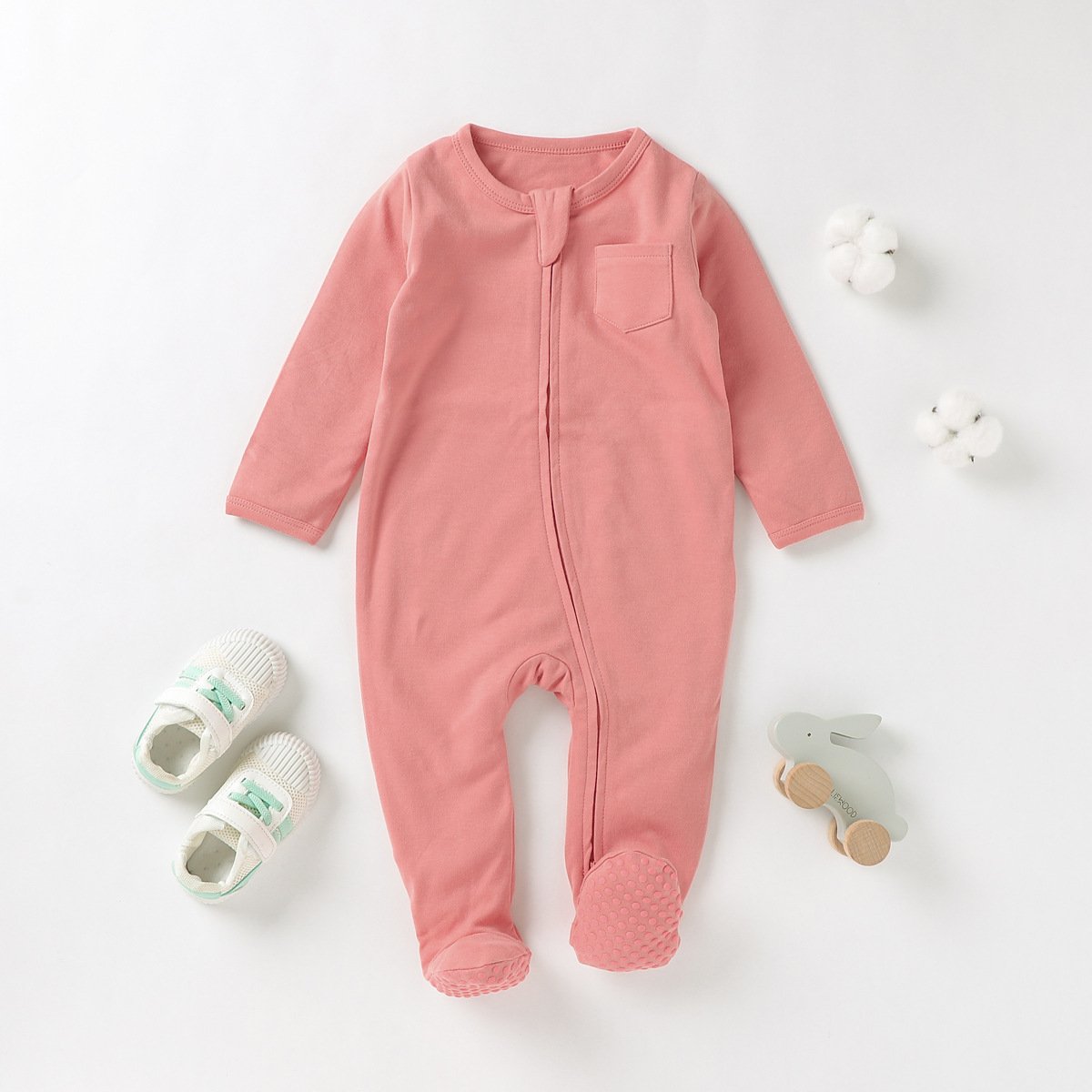 Two-Way Zipper Long Sleeve Baby Onesie Anti Slip 100% Organic Cotton Baby Toddler Footed Pajamas Baby Infant Solid Color Romper