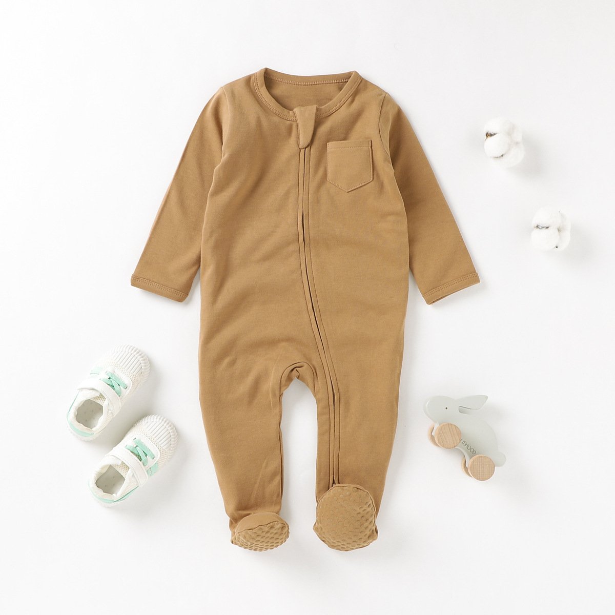 Two-Way Zipper Long Sleeve Baby Onesie Anti Slip 100% Organic Cotton Baby Toddler Footed Pajamas Baby Infant Solid Color Romper