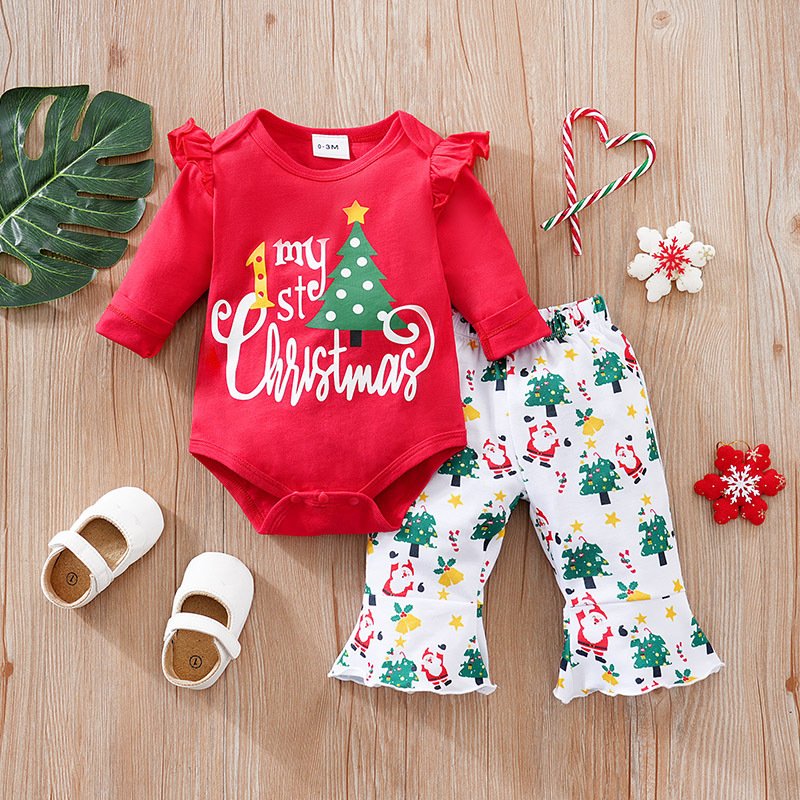 High Quality Christmas Red Santa Claus Print My First Christmas Baby Clothes Romper Sets Baby Romper With Pants