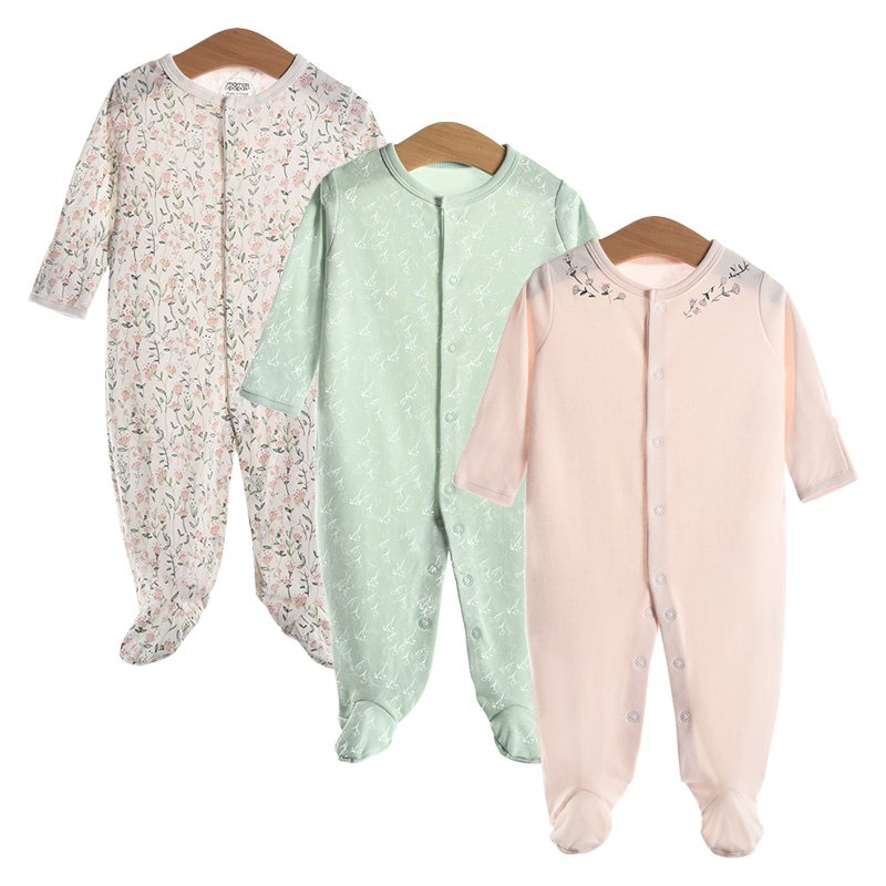 3-pack cotton long sleeve romper fit footed 100% cotton pajamas for baby kids toddler newborn to 12 months