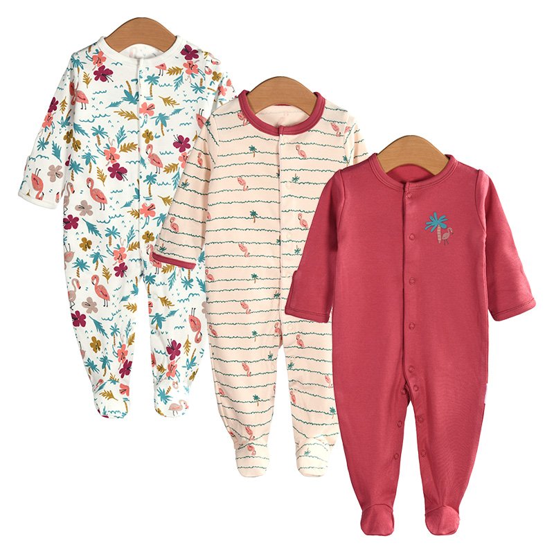 3-pack cotton long sleeve romper fit footed 100% cotton pajamas for baby kids toddler newborn to 12 months