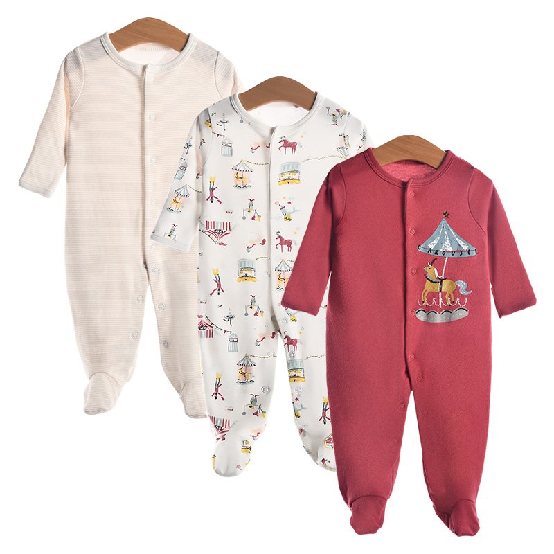 3-pack cotton long sleeve romper fit footed 100% cotton pajamas for baby kids toddler newborn to 12 months