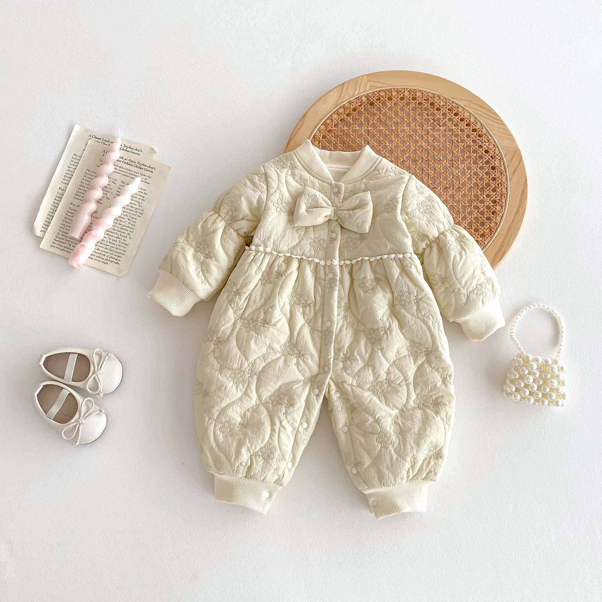 Wholesale 2024 Winter Baby Clothing Princess Style Embroidery Solid Color Long Sleeve Cotton Baby Rompers