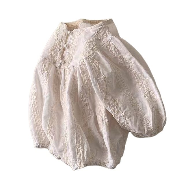 UK AU Korean Fashions Baby Romper Jacquard Pearl Buttons Lace Floral Embroidery Spring Infant Girls Bodysuit Newborn Jumper
