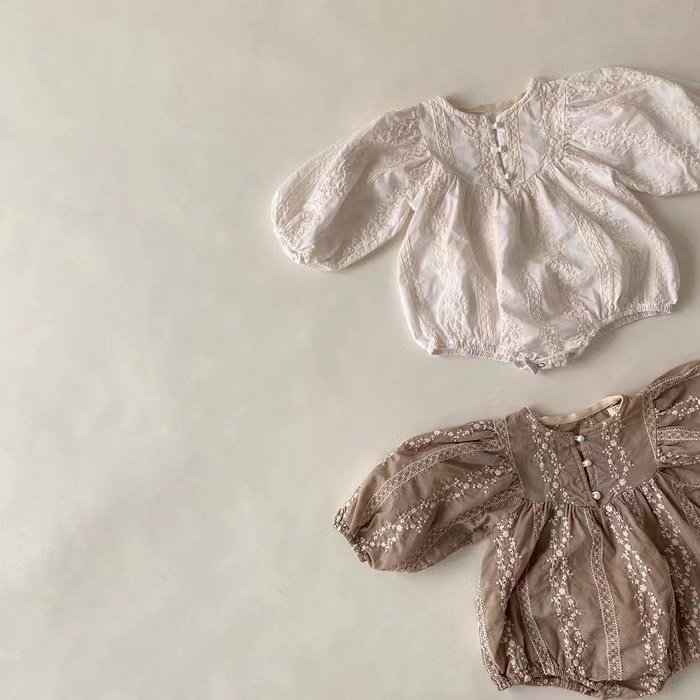 UK AU Korean Fashions Baby Romper Jacquard Pearl Buttons Lace Floral Embroidery Spring Infant Girls Bodysuit Newborn Jumper