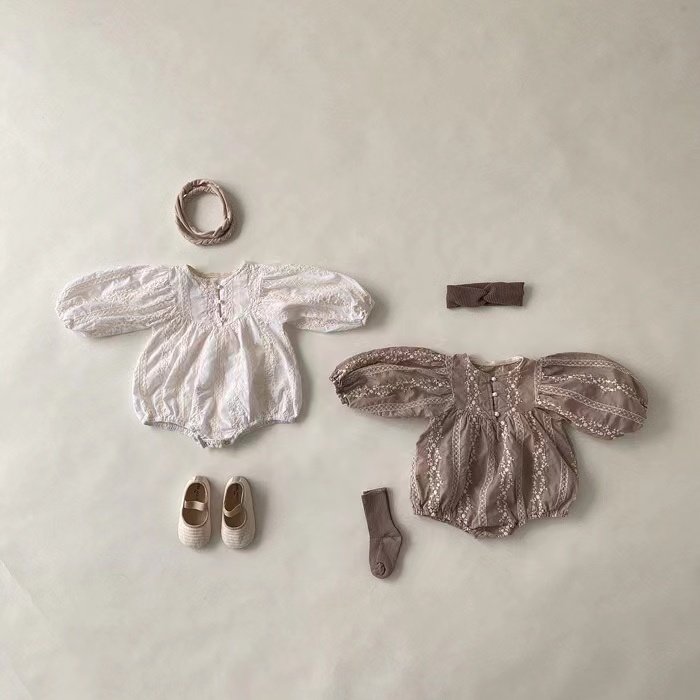UK AU Korean Fashions Baby Romper Jacquard Pearl Buttons Lace Floral Embroidery Spring Infant Girls Bodysuit Newborn Jumper