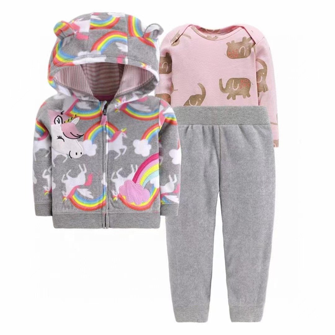 winter fleece 3 pieces jacket Long sleeve romper pants Unisex baby clothes newborn set