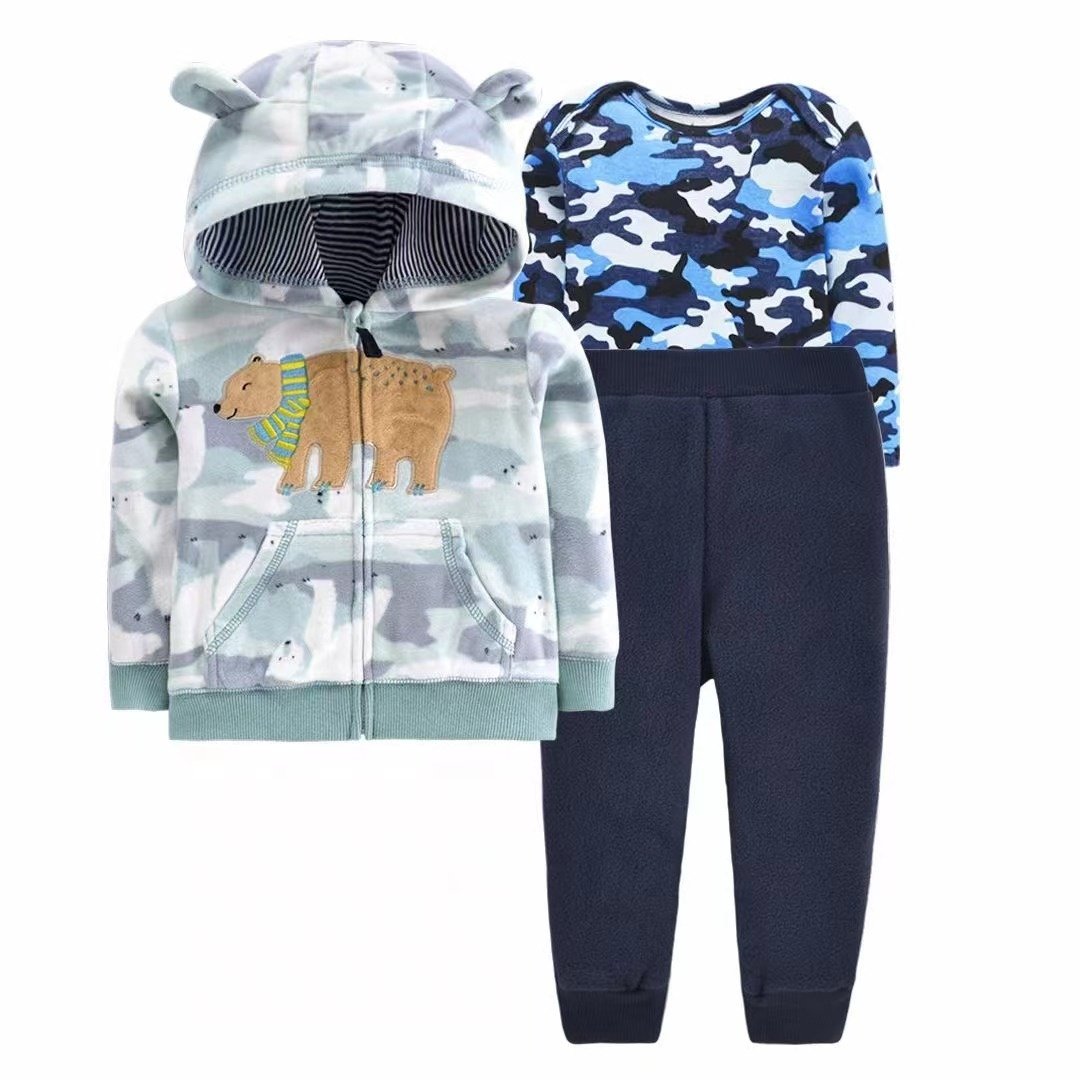 winter fleece 3 pieces jacket Long sleeve romper pants Unisex baby clothes newborn set