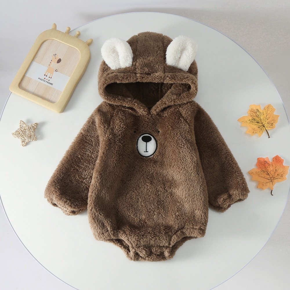 Ins baby autumn and winter clothes velvet cute infant hooded bear jumpsuit warm baby long sleeve romper