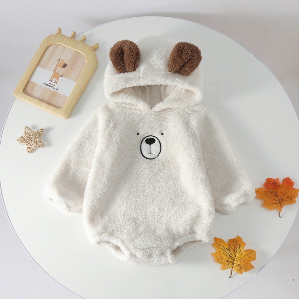 Ins baby autumn and winter clothes velvet cute infant hooded bear jumpsuit warm baby long sleeve romper