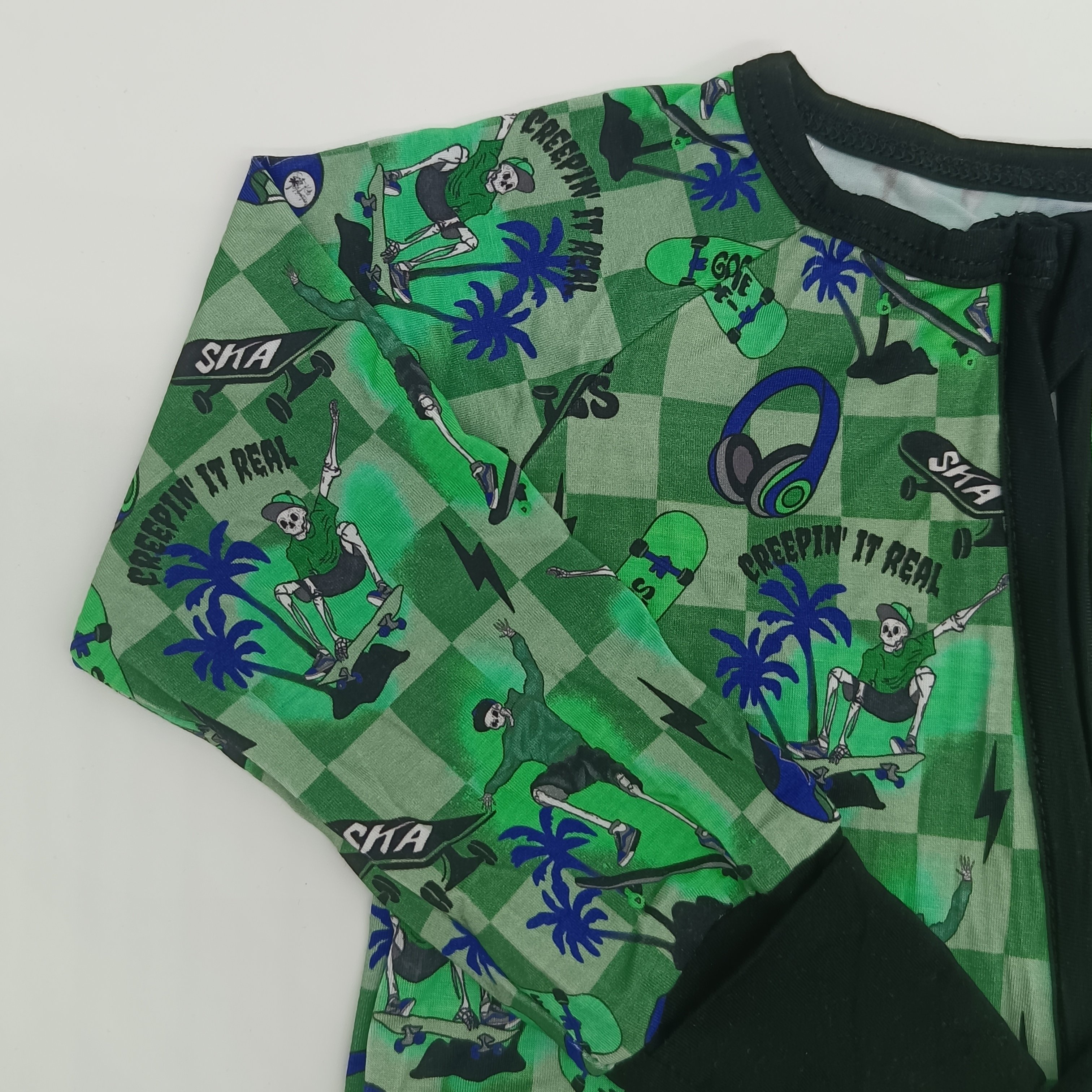baby cotton clothes Green Skateboard print green bamboo long-sleeved zipper kids jumpsuit